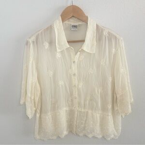 Vintage Johnny Was Sheer Embroidered Blouse Top Cream Ivory Floral Size Medium